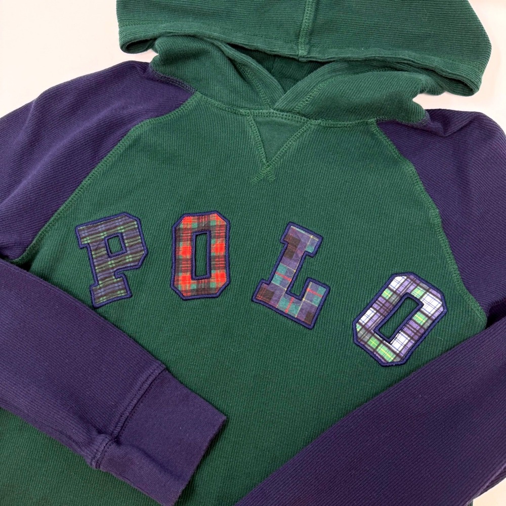 Polo Ralph Lauren Boys Medium 10-12 Waffle Thermal Plaid Applique Hoodie